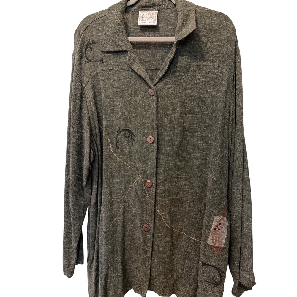 Play Alegre Green Long Sleeve Top Size XL XXL Button Up Shirt Hand Painted Boho